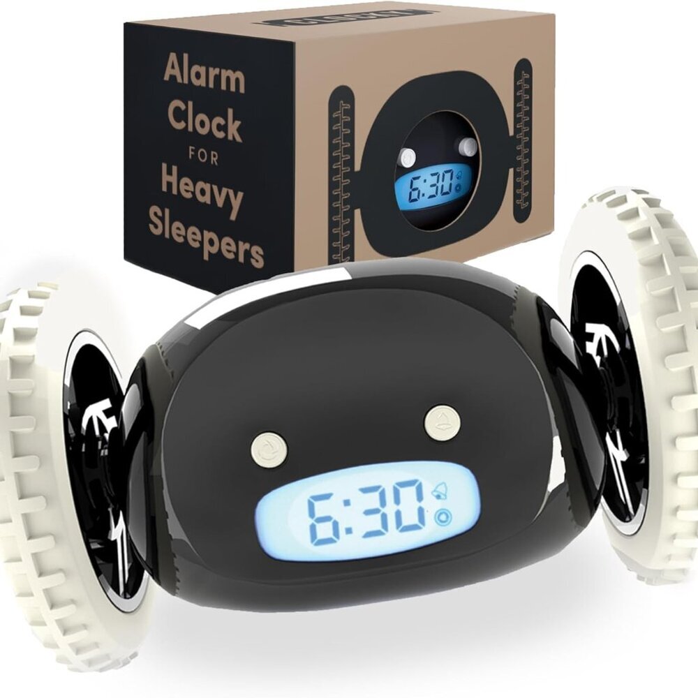 Extra Loud Alarm Clock for Heavy Sleepers on Wheels Rolls Runs Away Vibrating, E